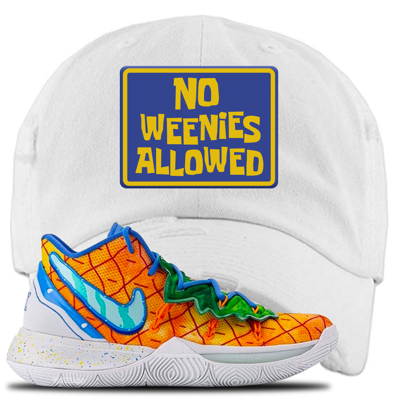 Kyrie 5 Pineapple House No Weenies Allowed White Sneaker Hook Up Distressed Dad Hat