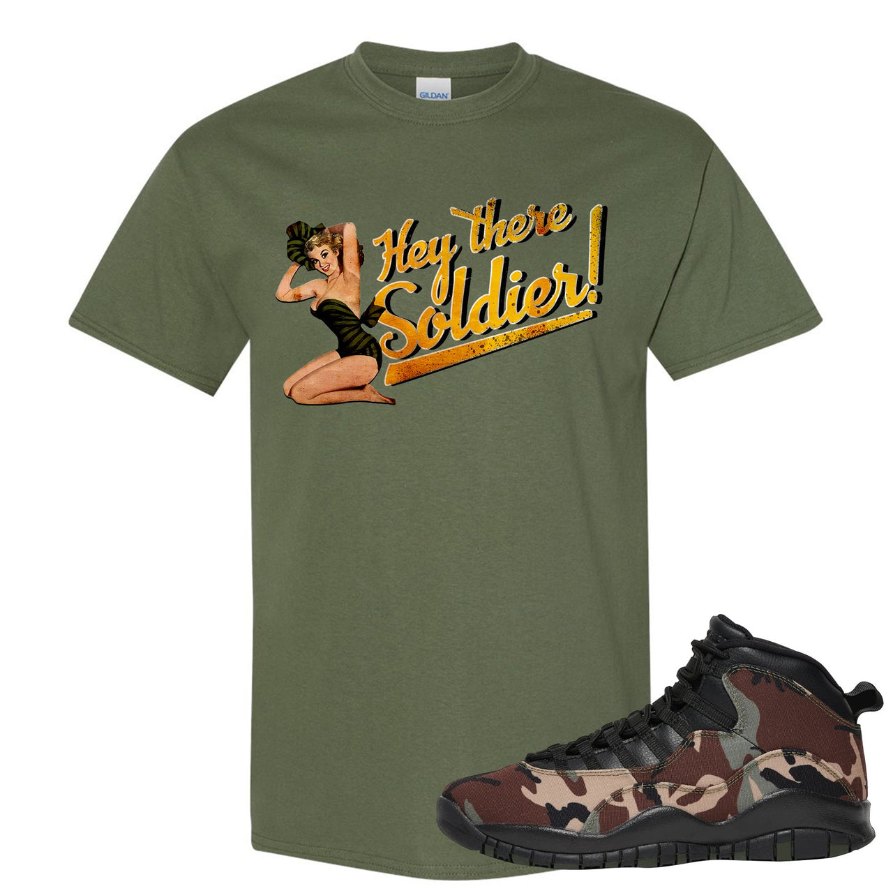 Woodland Camo 10s T Shirt | Hey There Soldier, Military Green