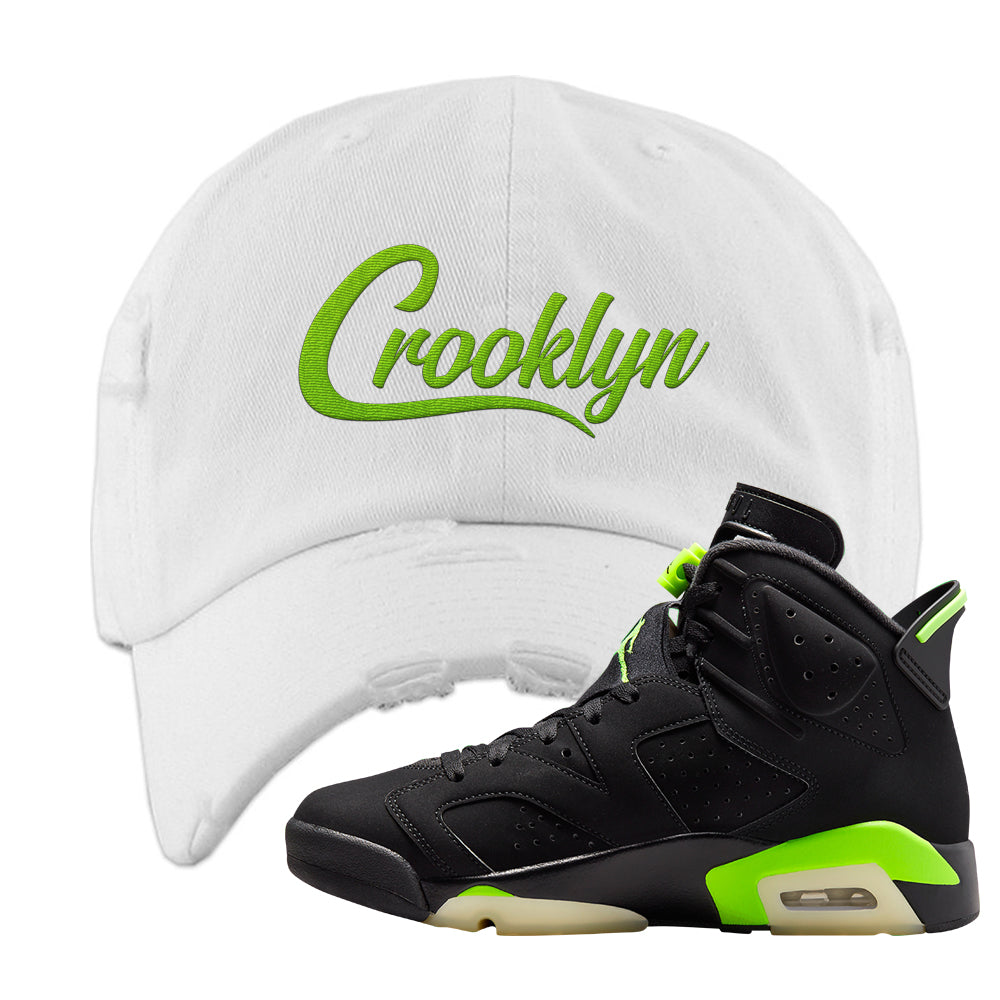 Electric Green 6s Distressed Dad Hat | Crooklyn, White