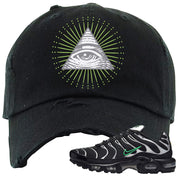 Neon Green Black Grey Pluses Distressed Dad Hat | All Seeing Eye, Black