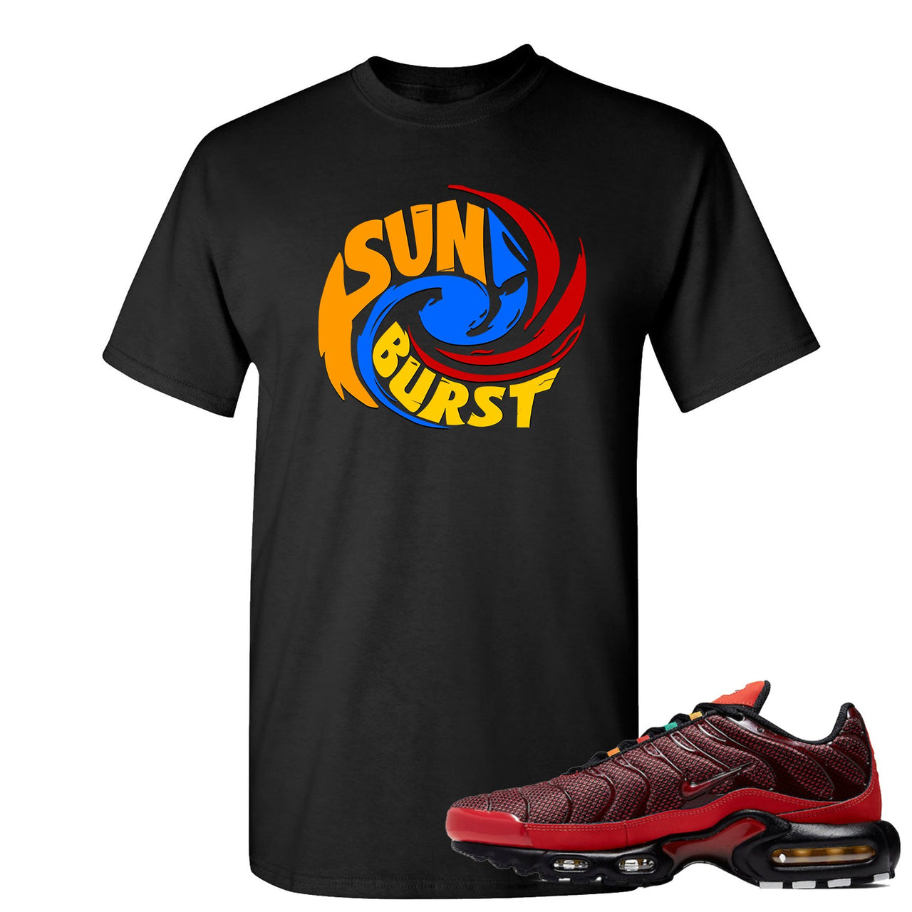 printed on the front of the air max plus sunburst sneaker matching black tee shirt is the sunburst hurricane logo