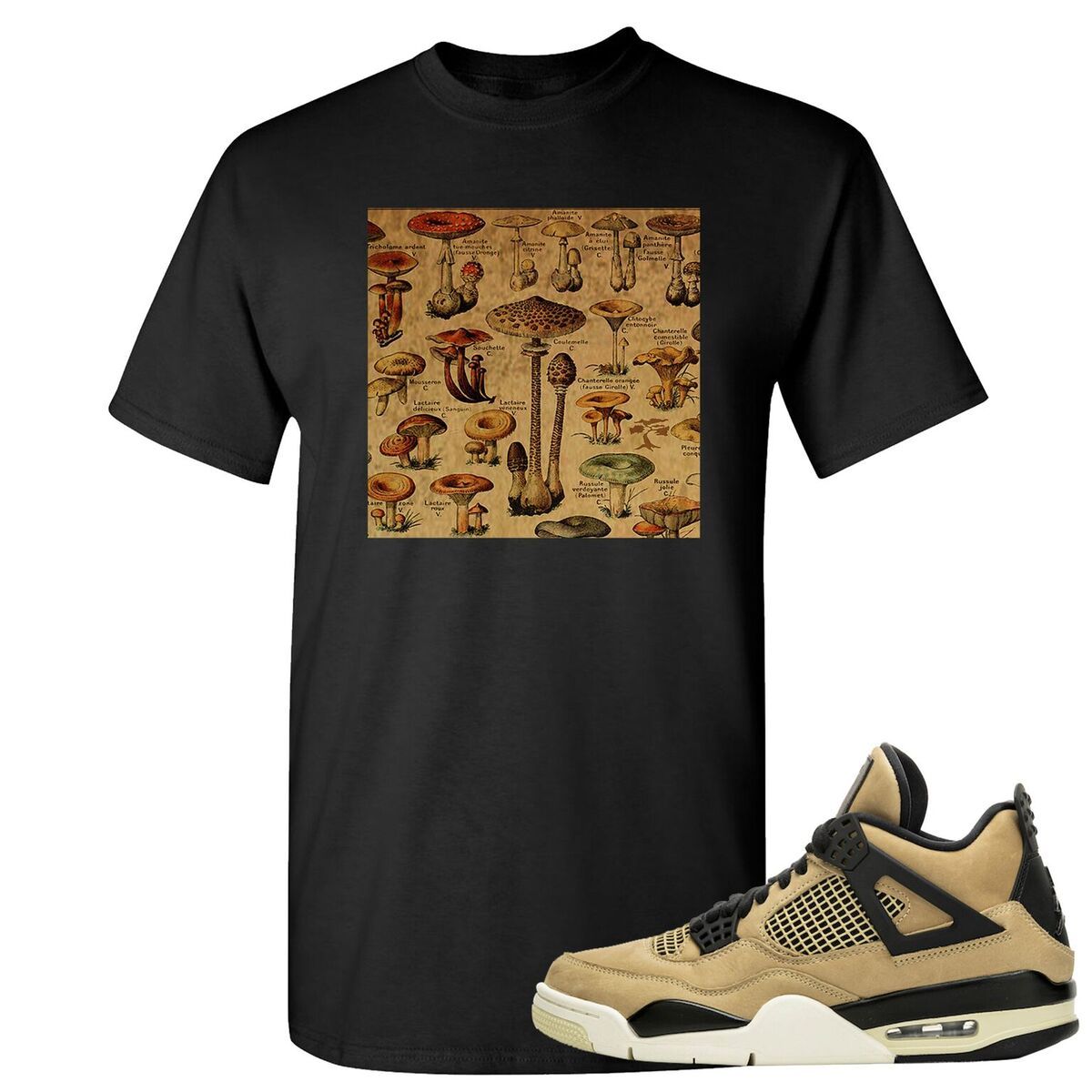 Jordan 4 WMNS Mushroom Sneaker Matching Black Mushroom Chart Tee Shirt