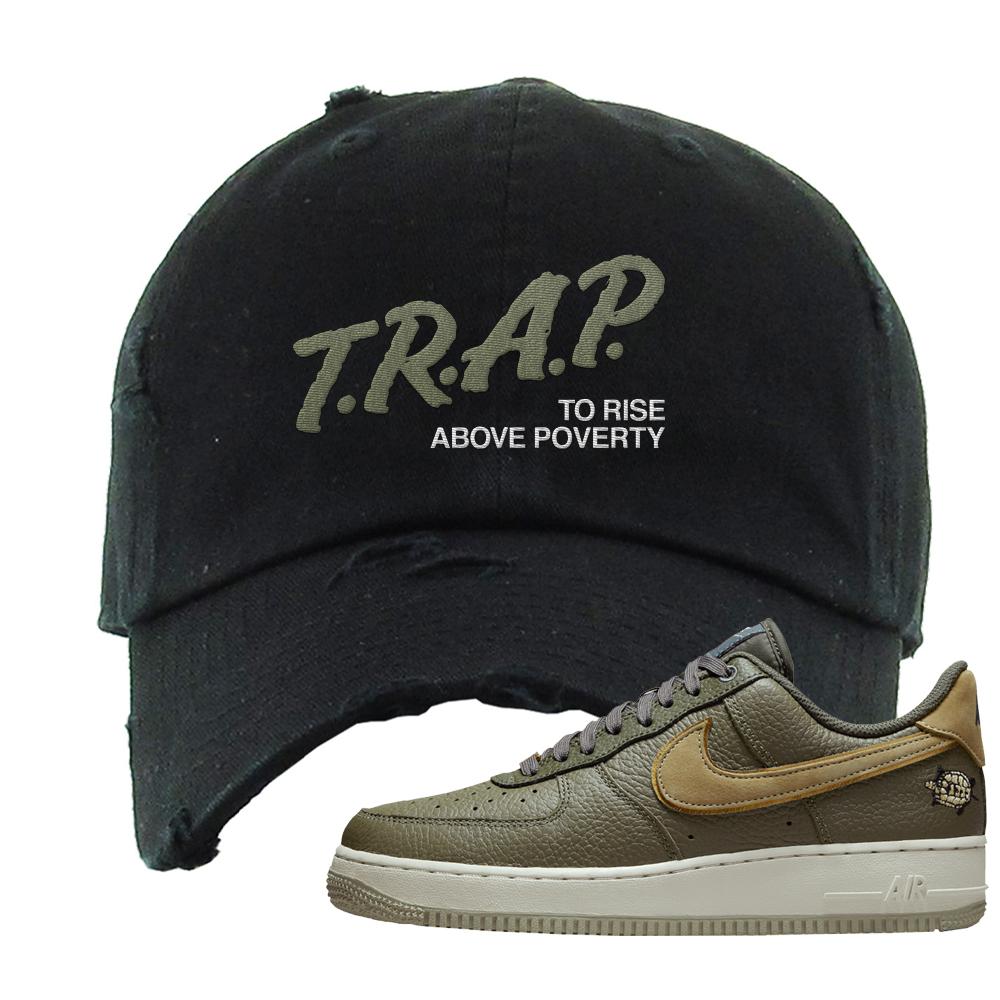 Tortoise Low AF1s Distressed Dad Hat | Trap To Rise Above Poverty, Black