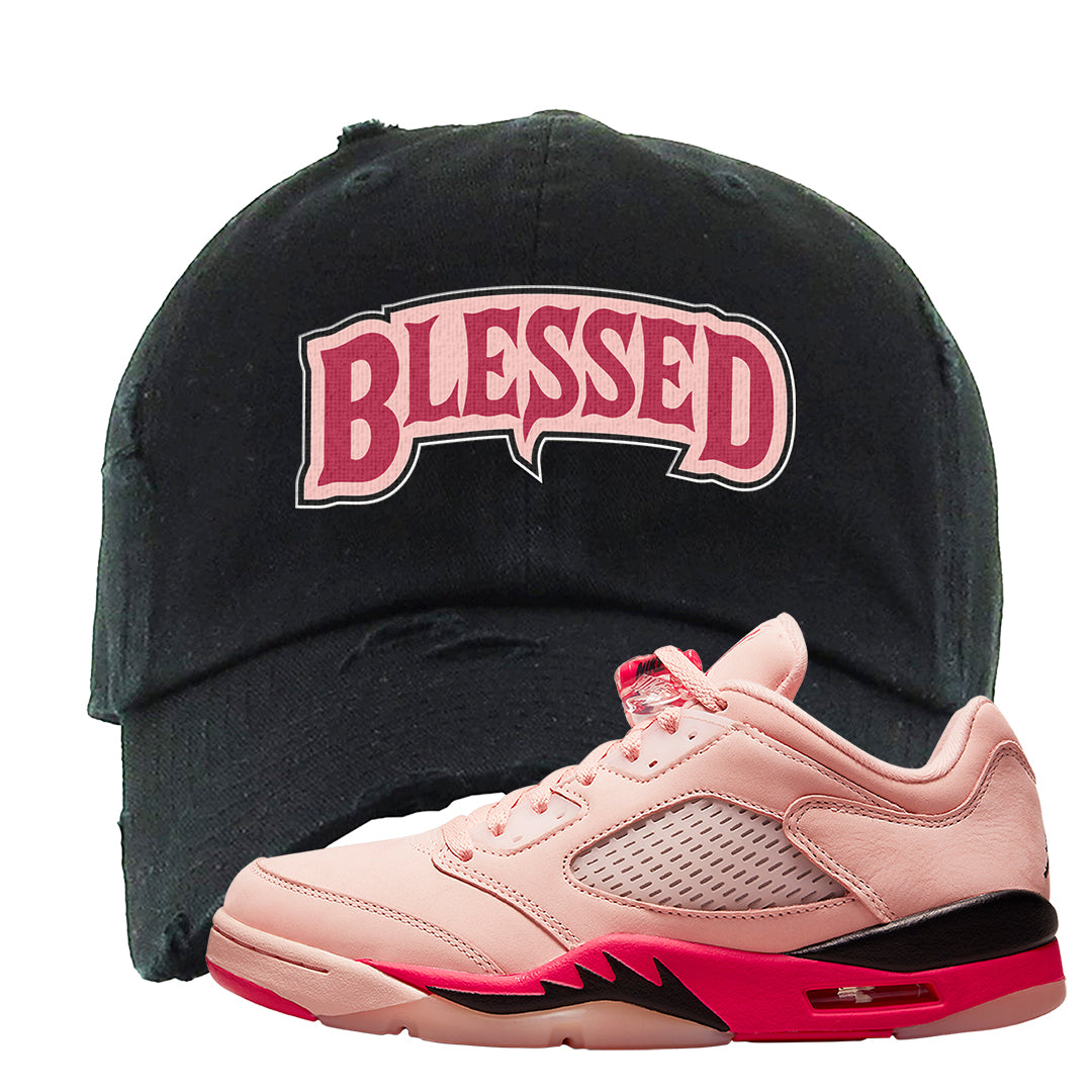 Arctic Pink Low 5s Distressed Dad Hat | Blessed Arch, Black