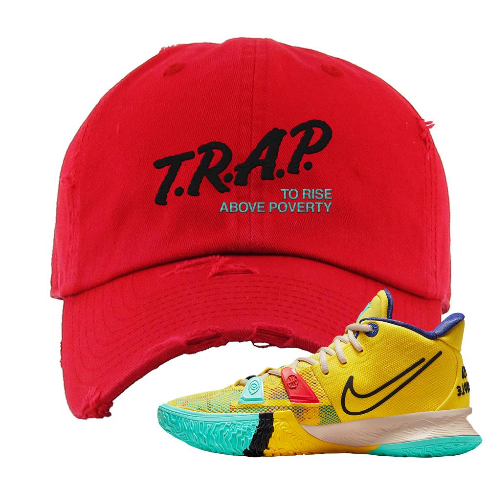 1 World 1 People Yellow 7s Distressed Dad Hat | Trap To Rise Above Poverty, Red