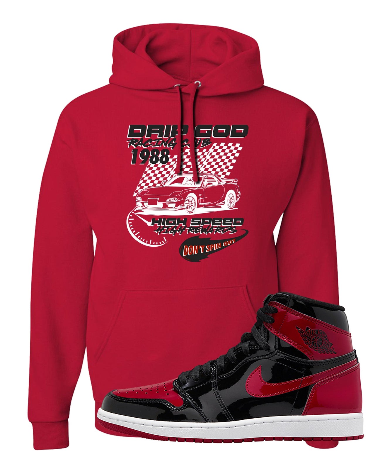 Patent Bred 1s Hoodie | Drip God Racing Club, Red