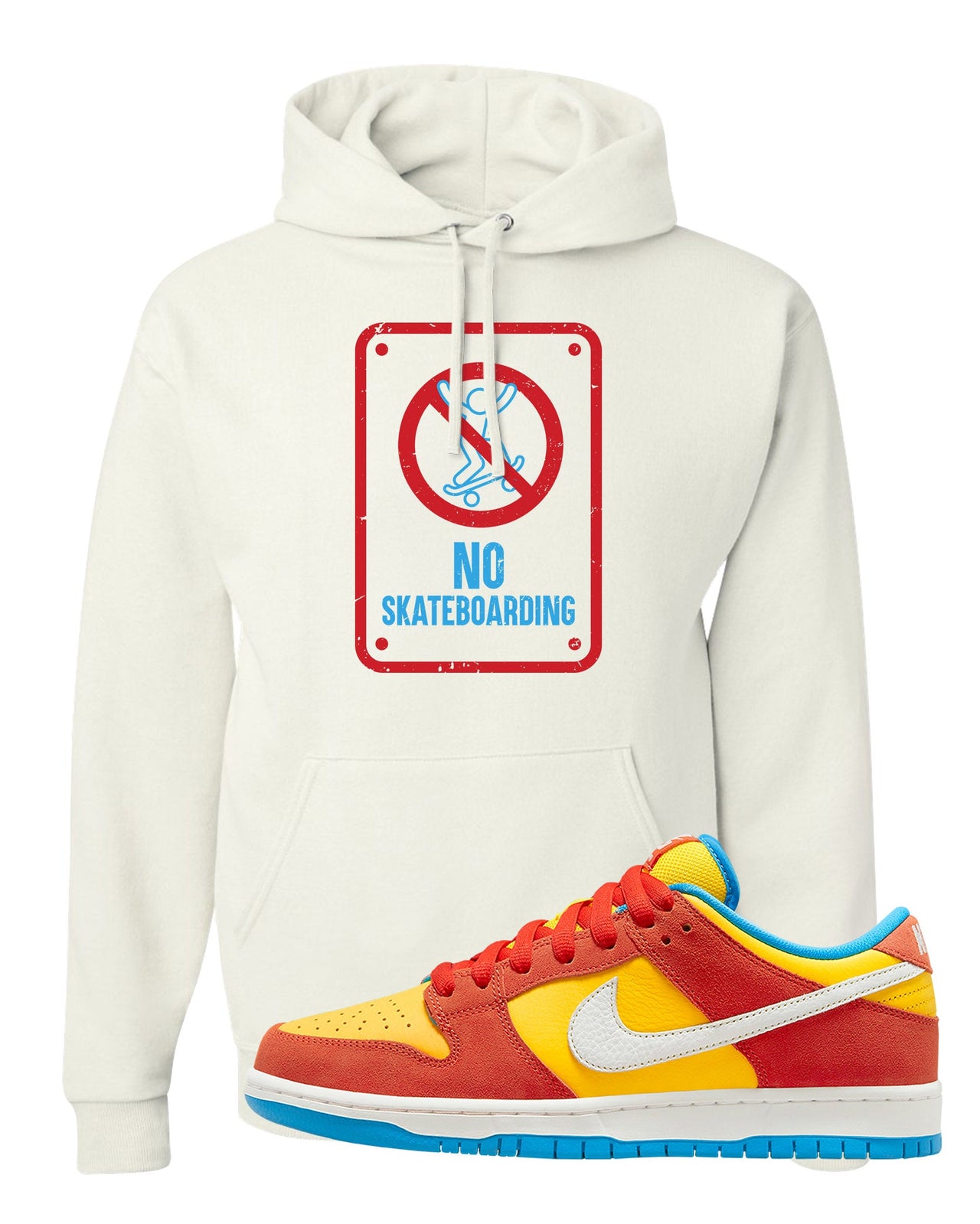 Habanero Red Gold Blue Low Dunks Hoodie | No Skating Sign, White