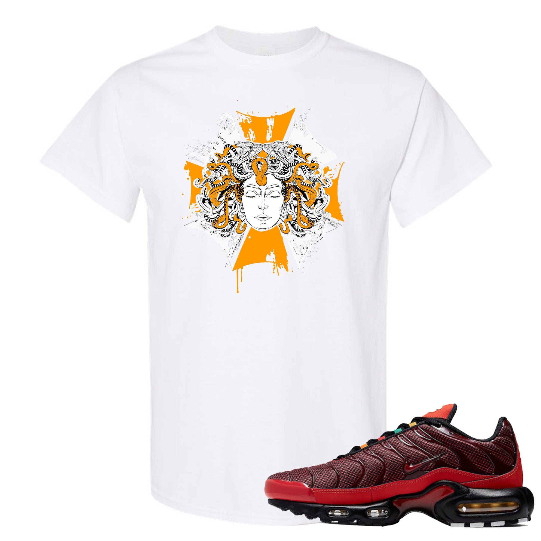 printed on the front of the air max plus sunburst sneaker matching white tee shirt is the medusa sunburst logo