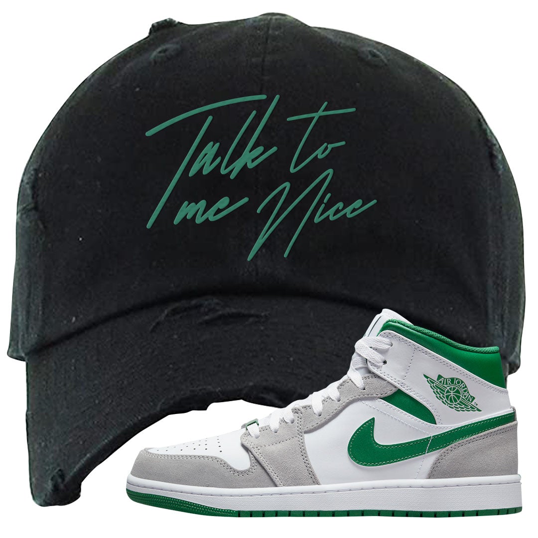 Light Smoke Pine Green Mid 1s Distressed Dad Hat | Talk To Me Nice, Black