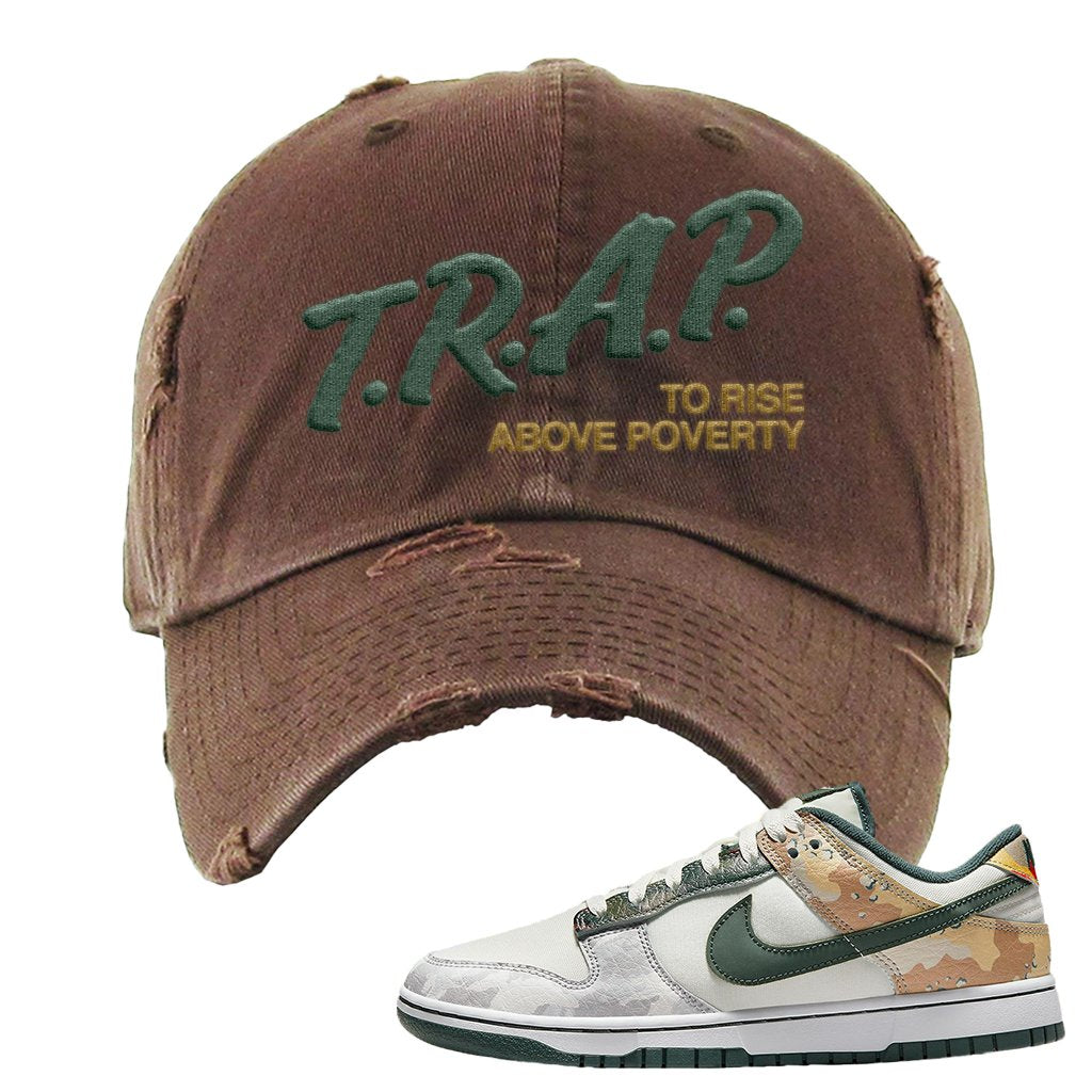 Camo Low Dunks Distressed Dad Hat | Trap To Rise Above Poverty, Brown