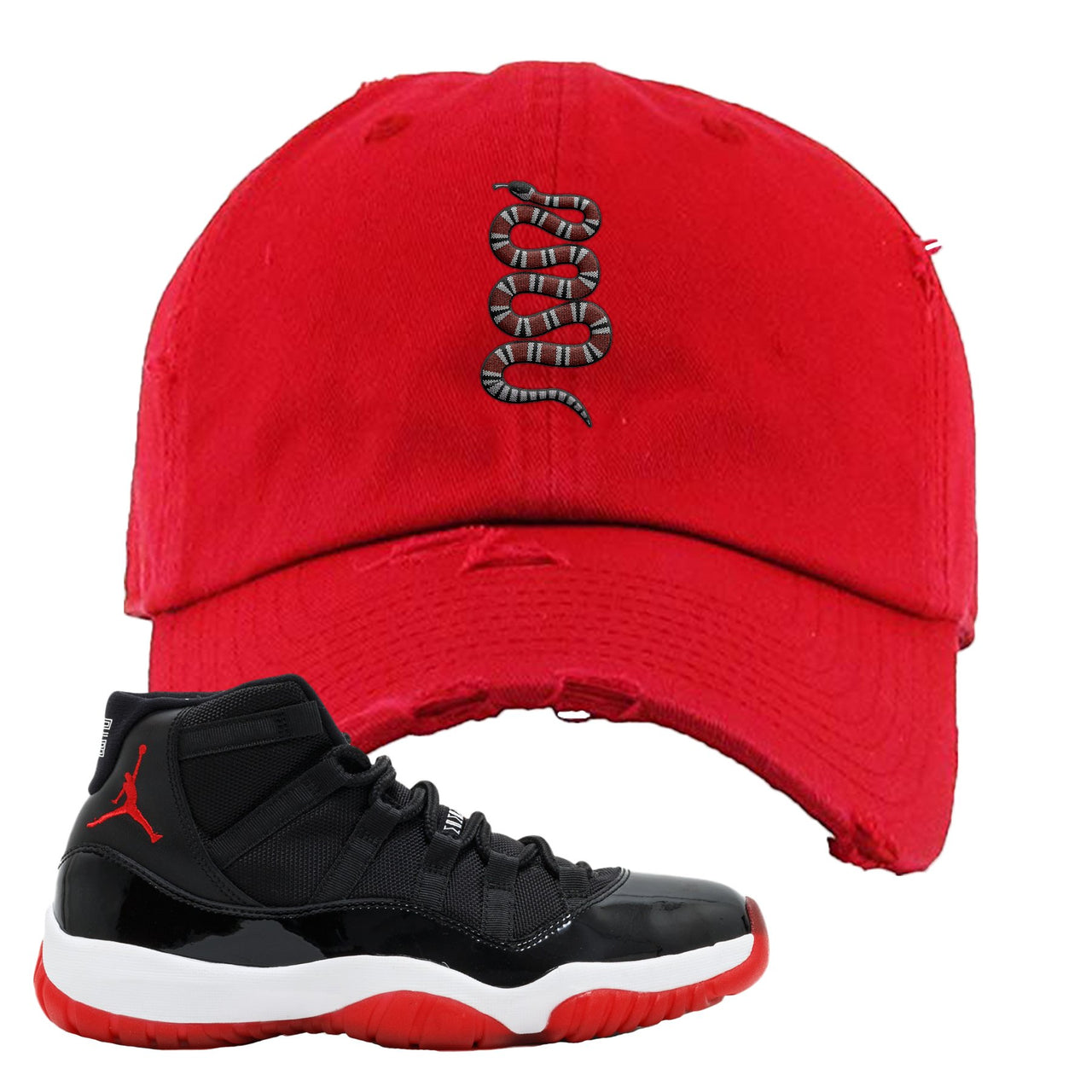 Jordan 11 Bred Coiled Snake Red Sneaker Hook Up Distressed Dad Hat