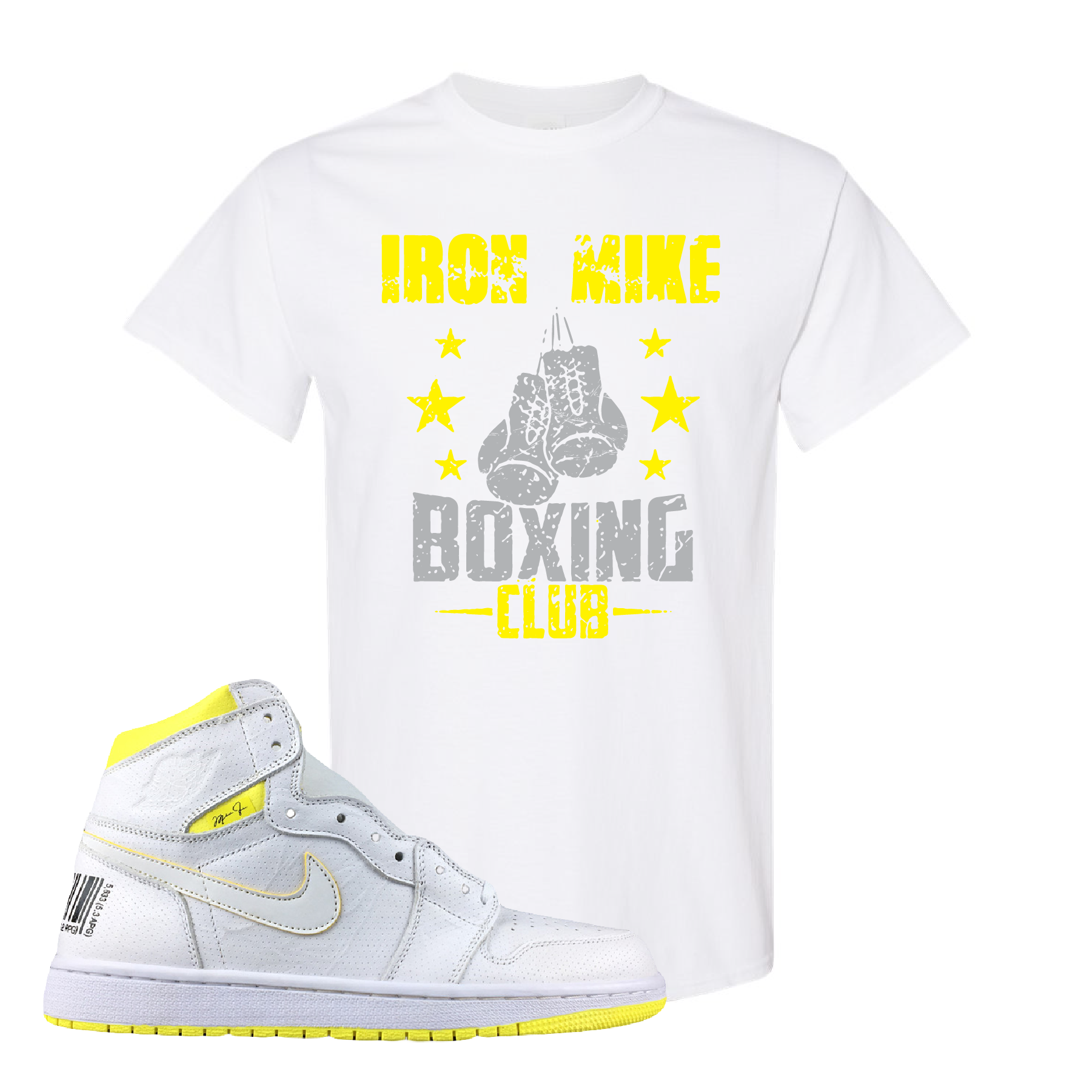Jordan 1 First Class Flight Iron Mike Boxing Club White Sneaker Matching T-Shirt