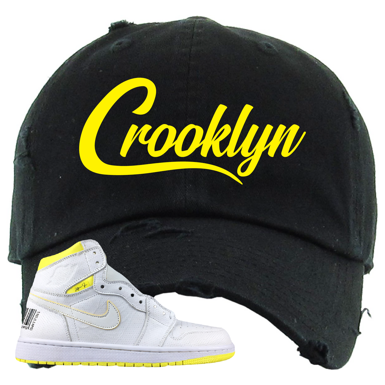 Jordan 1 First Class Flight Crooklyn Black Sneaker Matching Distressed Dad Hat