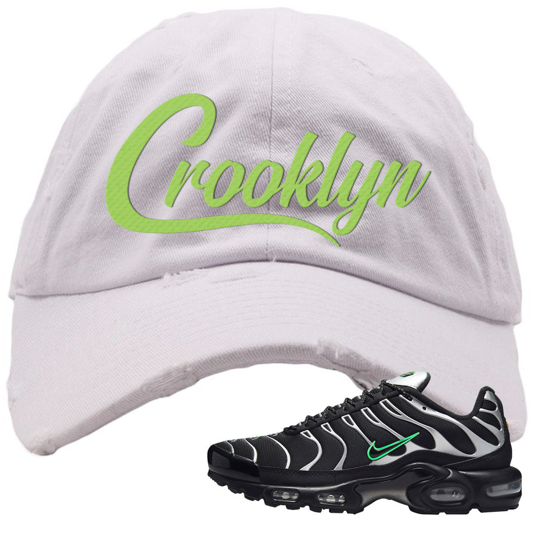 Neon Green Black Grey Pluses Distressed Dad Hat | Crooklyn, White