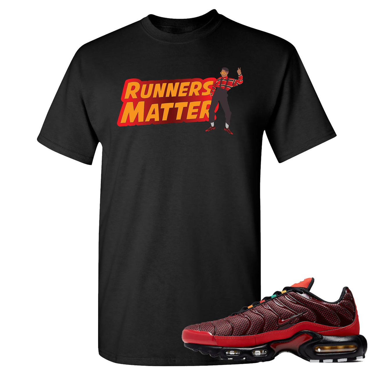 printed on the front of the air max plus sunburst sneaker matching black tee shirt is the runners matter logo
