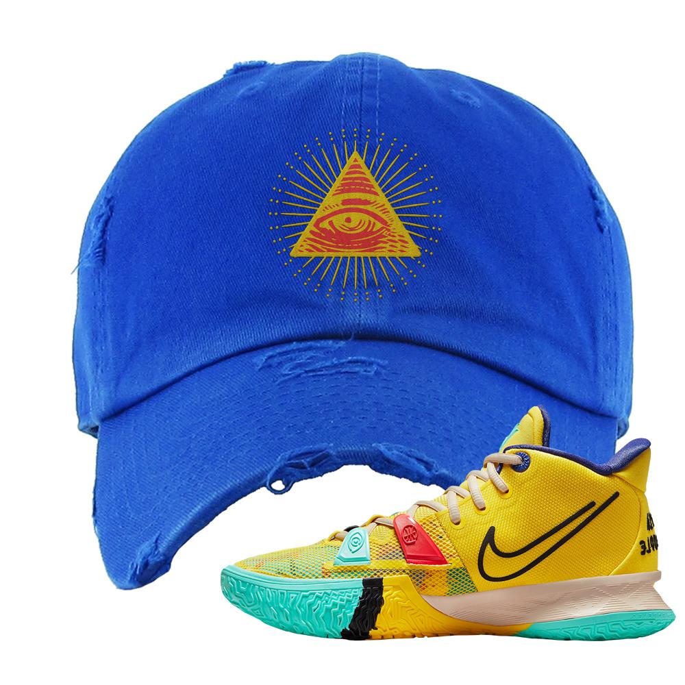 1 World 1 People Yellow 7s Distressed Dad Hat | All Seeing Eye, Royal