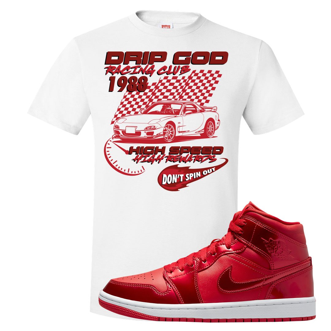 University Red Pomegranate Mid 1s T Shirt | Drip God Racing Club, White