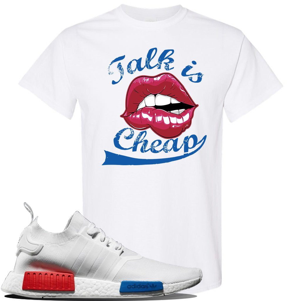 NMD R1 V2 White Red Blue Sneaker White T Shirt | Tees to match Adidas NMD R1 V2 White Red Blue Shoes | Talk Is Cheap