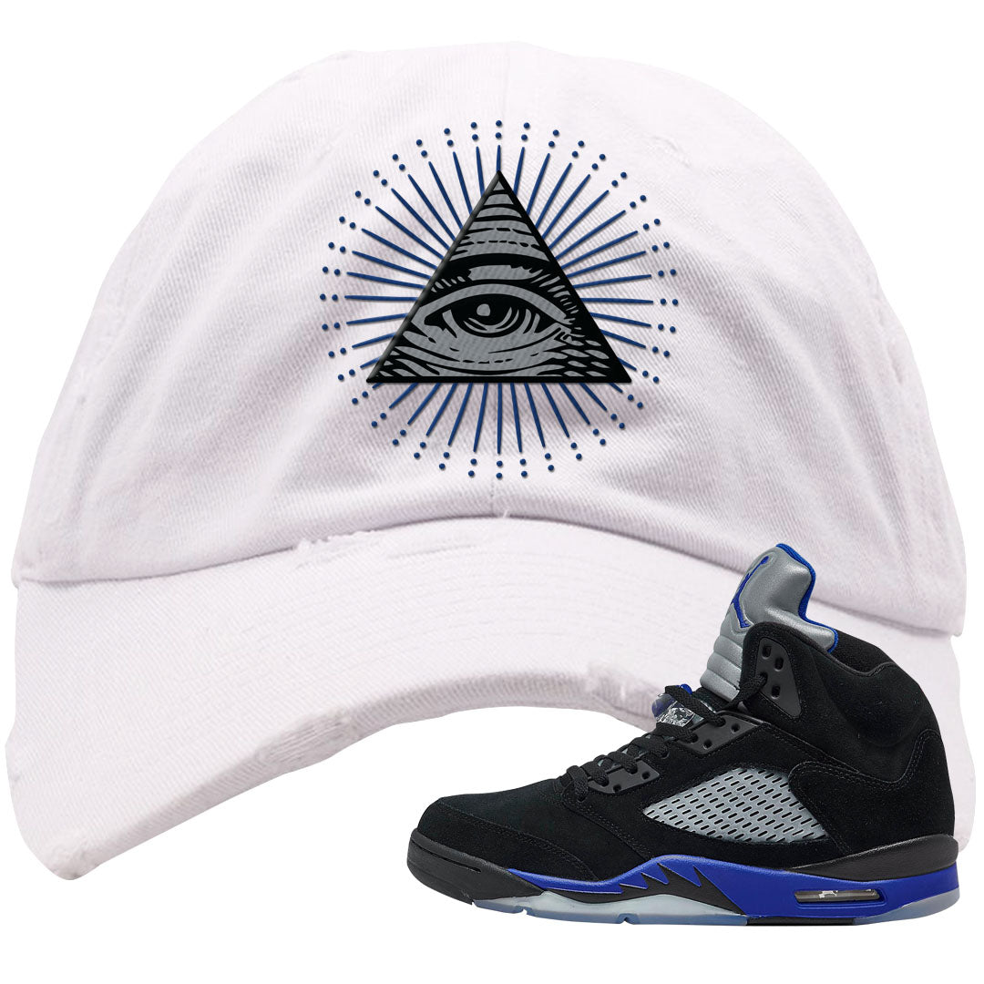 Racer Blue 5s Distressed Dad Hat | All Seeing Eye, White