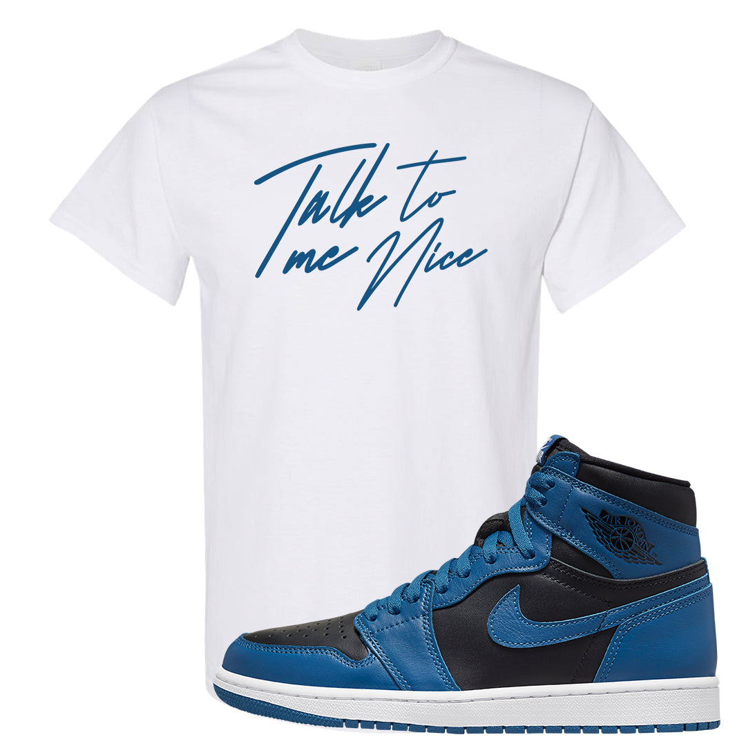 Dark Marina Blue 1s T Shirt | Talk To Me Nice, White