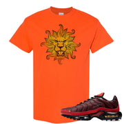 printed on the front of the air max plus sunburst sneaker matching orange tee shirt is the vintage lion head