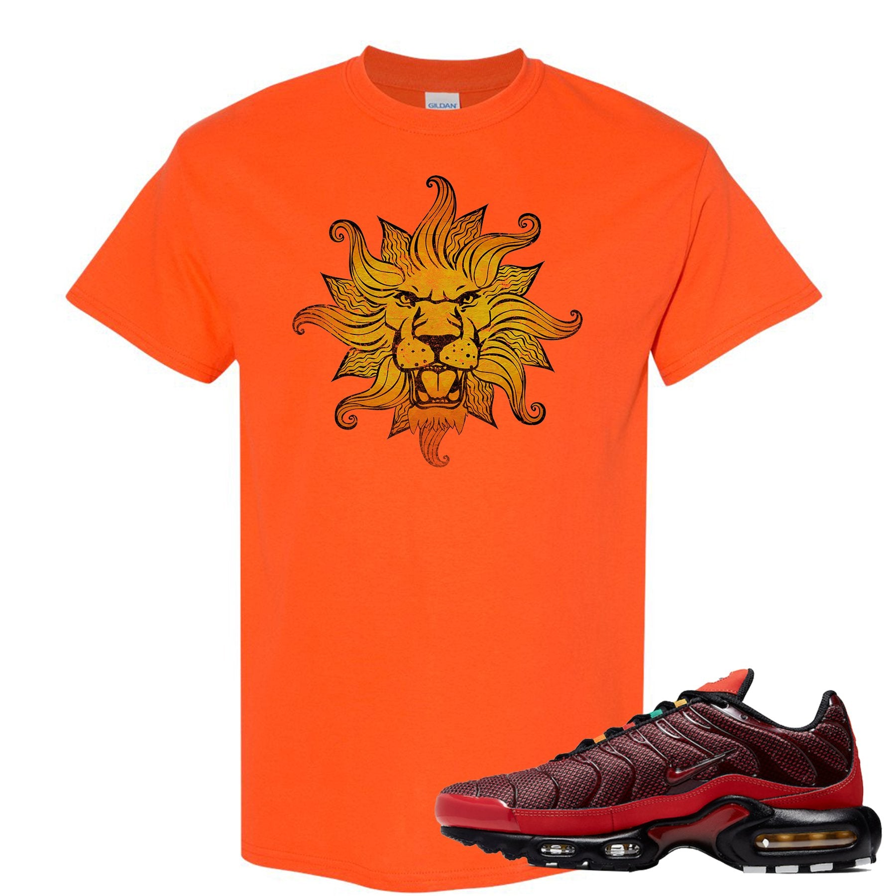 printed on the front of the air max plus sunburst sneaker matching orange tee shirt is the vintage lion head