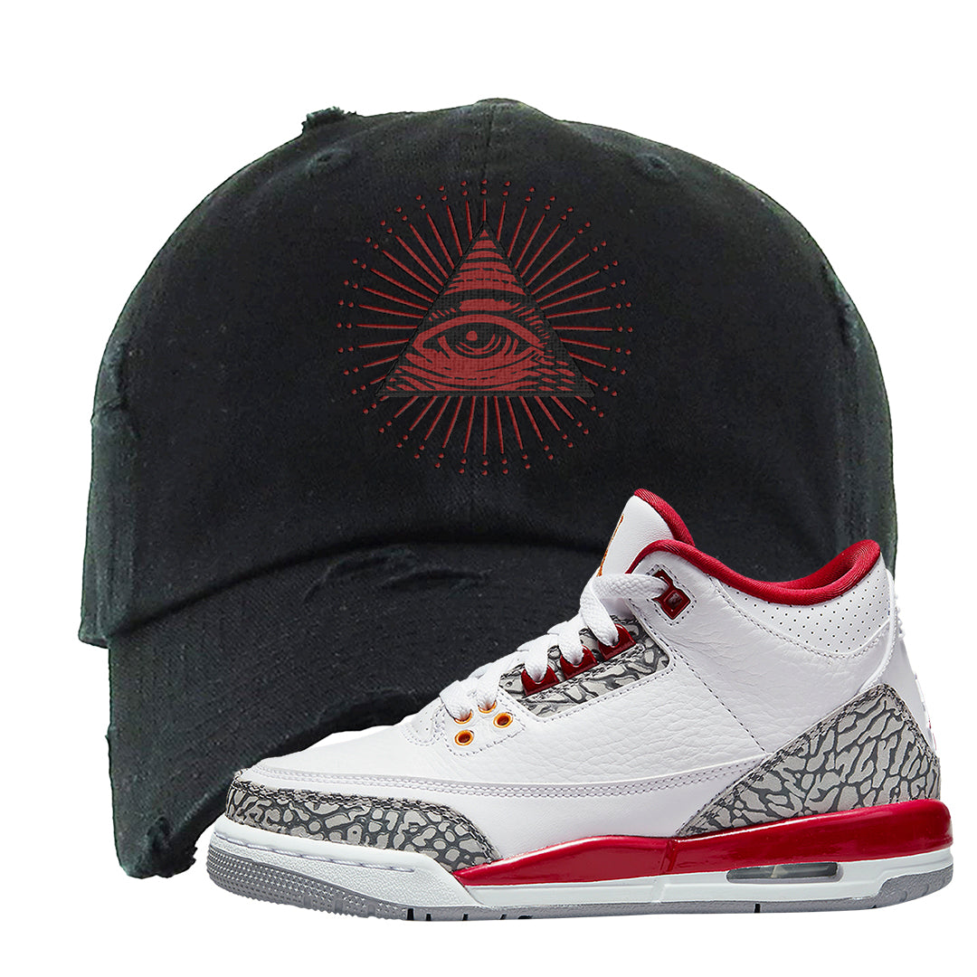 Cardinal Red 3s Distressed Dad Hat | All Seeing Eye, Black