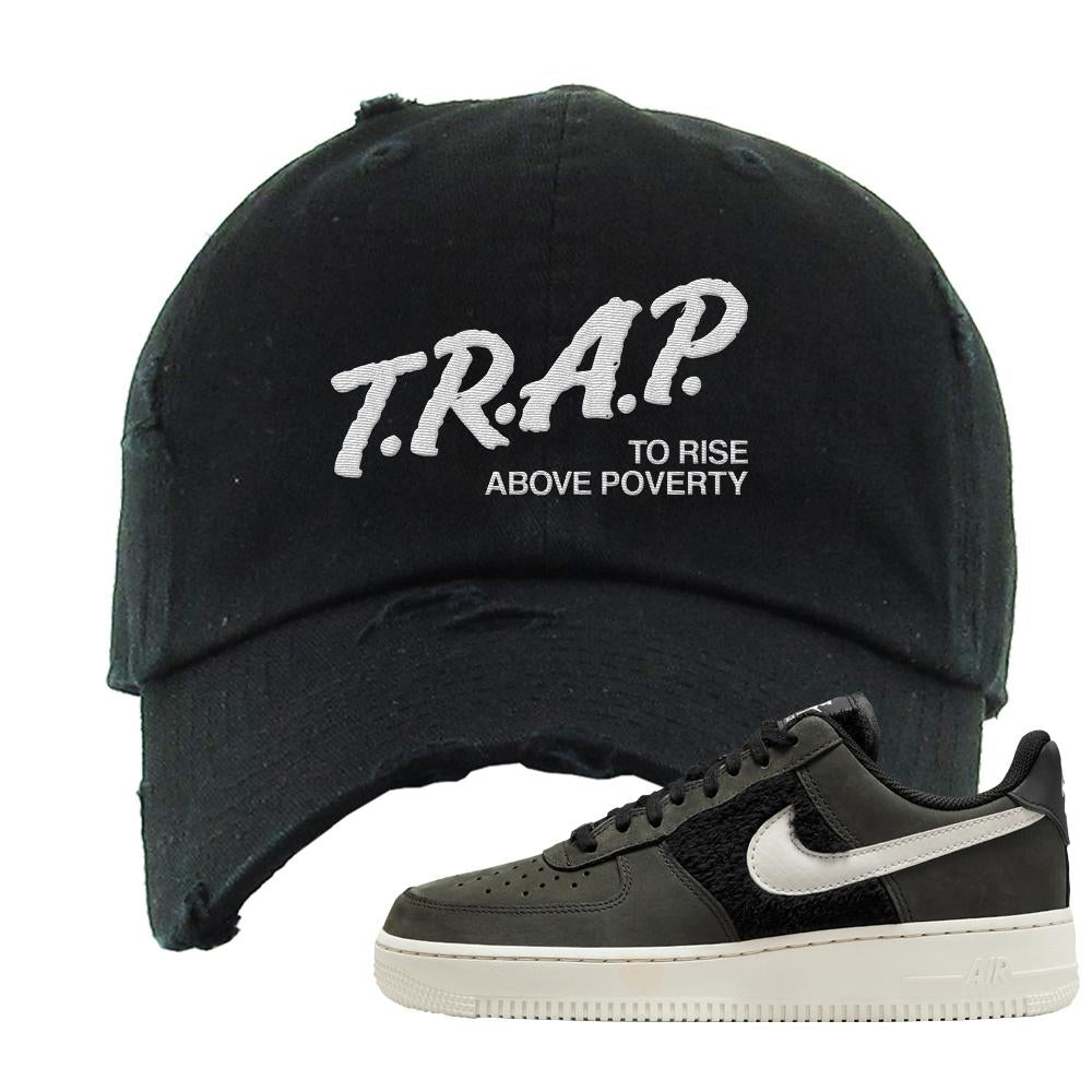 Furry Black Light Bone Low AF 1s Distressed Dad Hat | Trap To Rise Above Poverty, Black