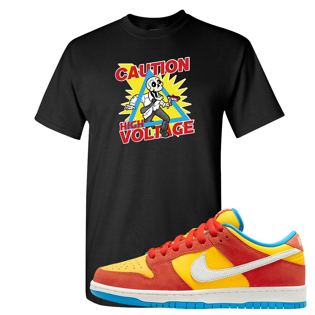 Habanero Red Gold Blue Low Dunks T Shirt | Caution High Voltage, Black