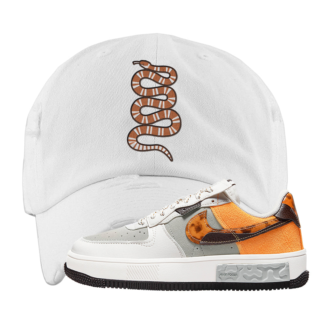 Tortoise Shell AF 1s Distressed Dad Hat | Coiled Snake, White