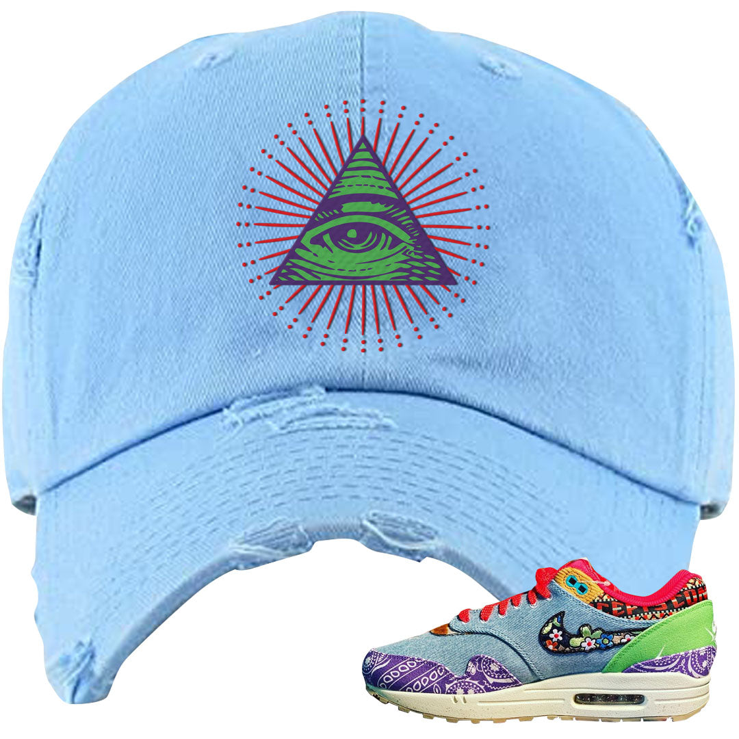 Bandana Paisley Max 1s Distressed Dad Hat | All Seeing Eye, Light Blue