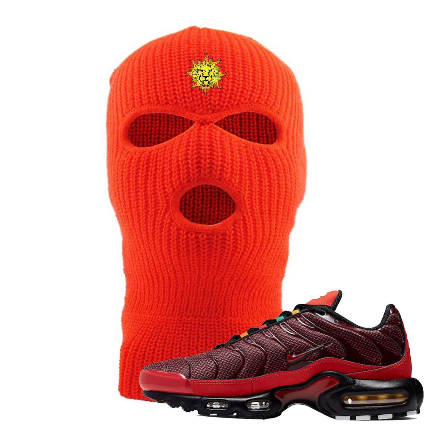 Embroidered on the front of the air max plus sunburst sneaker matching safety orange ski mask is the vintage lion head l