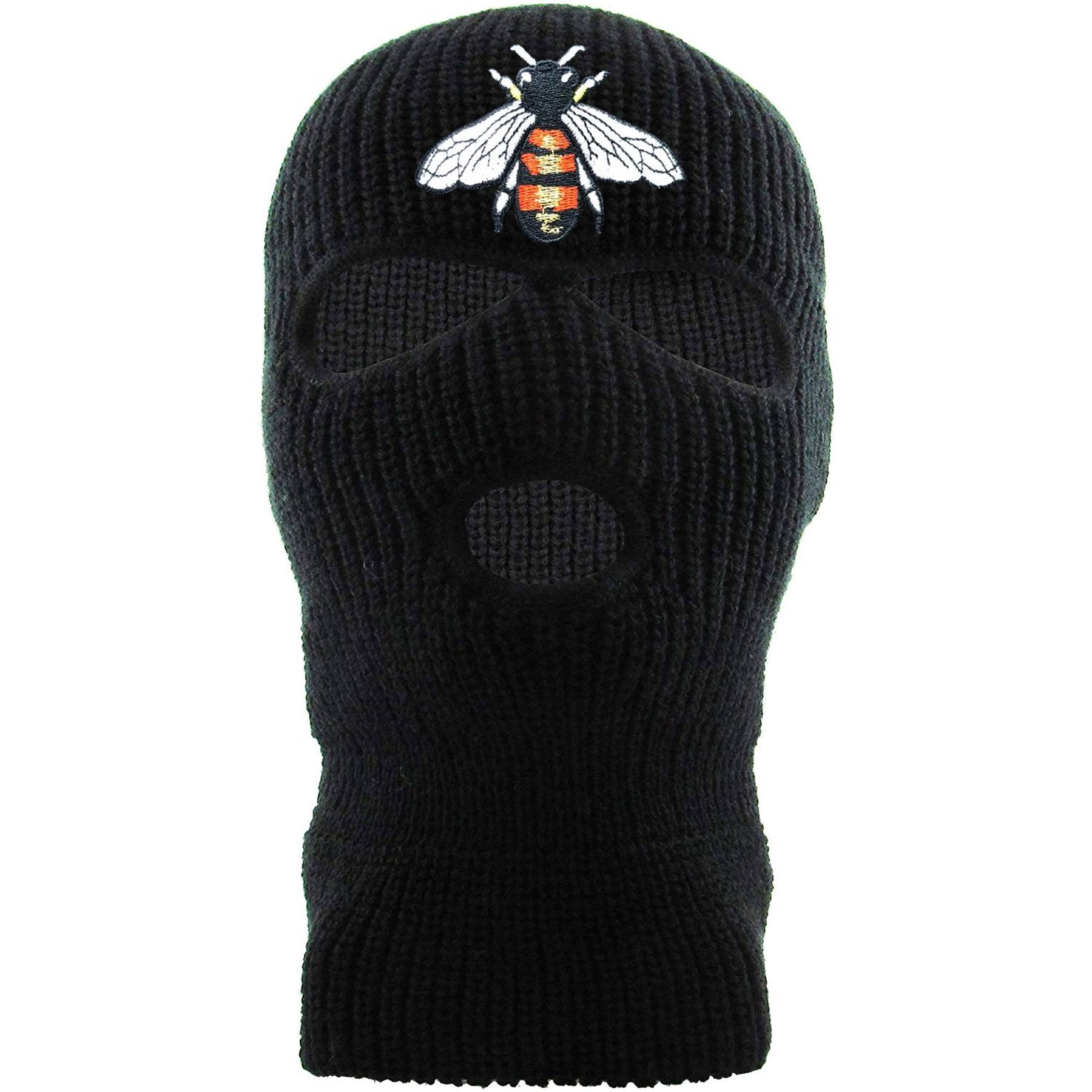Embroidered on the front of the bumblebee black ski mask is the bumble bee logo embroidered in red, white, black, and gold