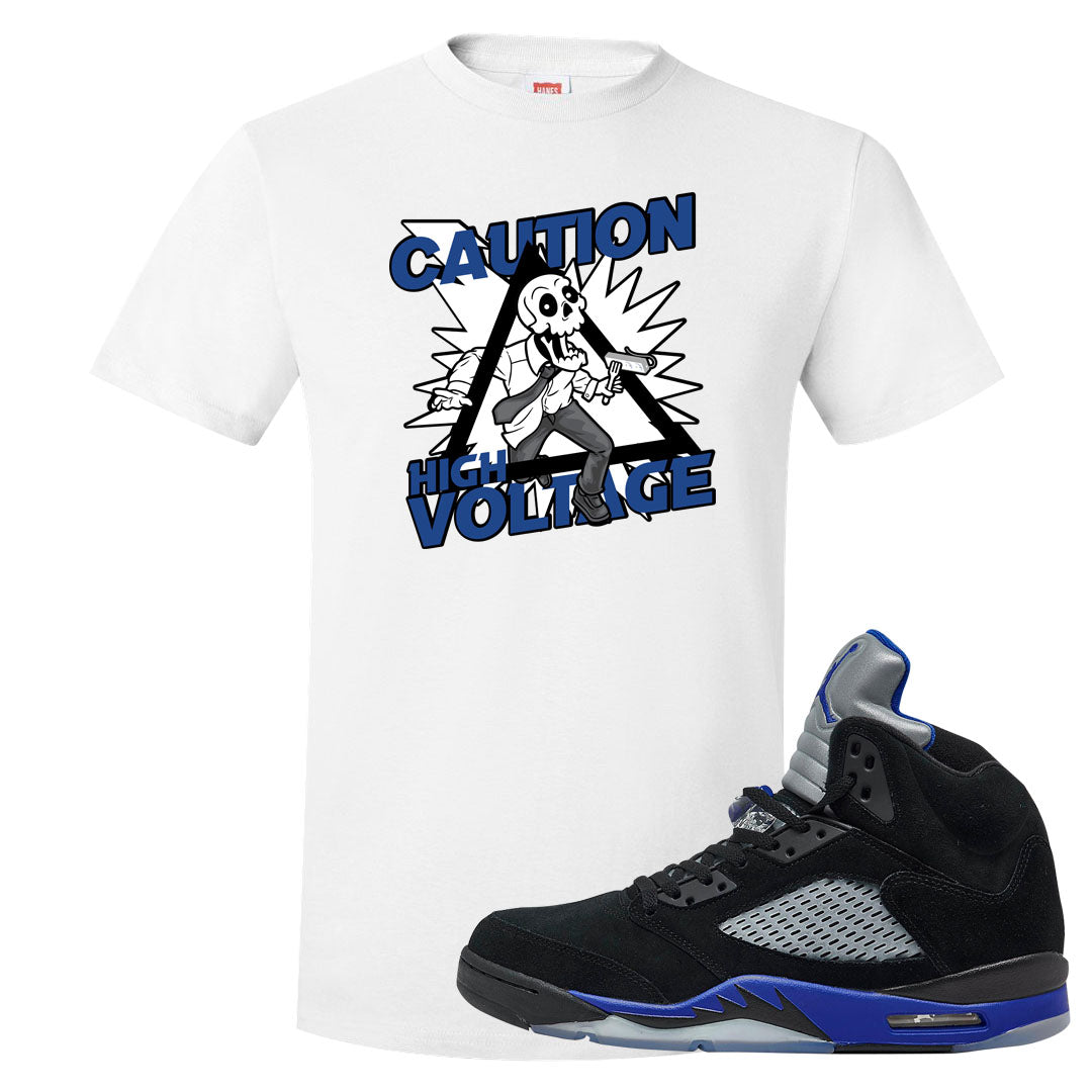 Racer Blue 5s T Shirt | Caution High Voltage, White