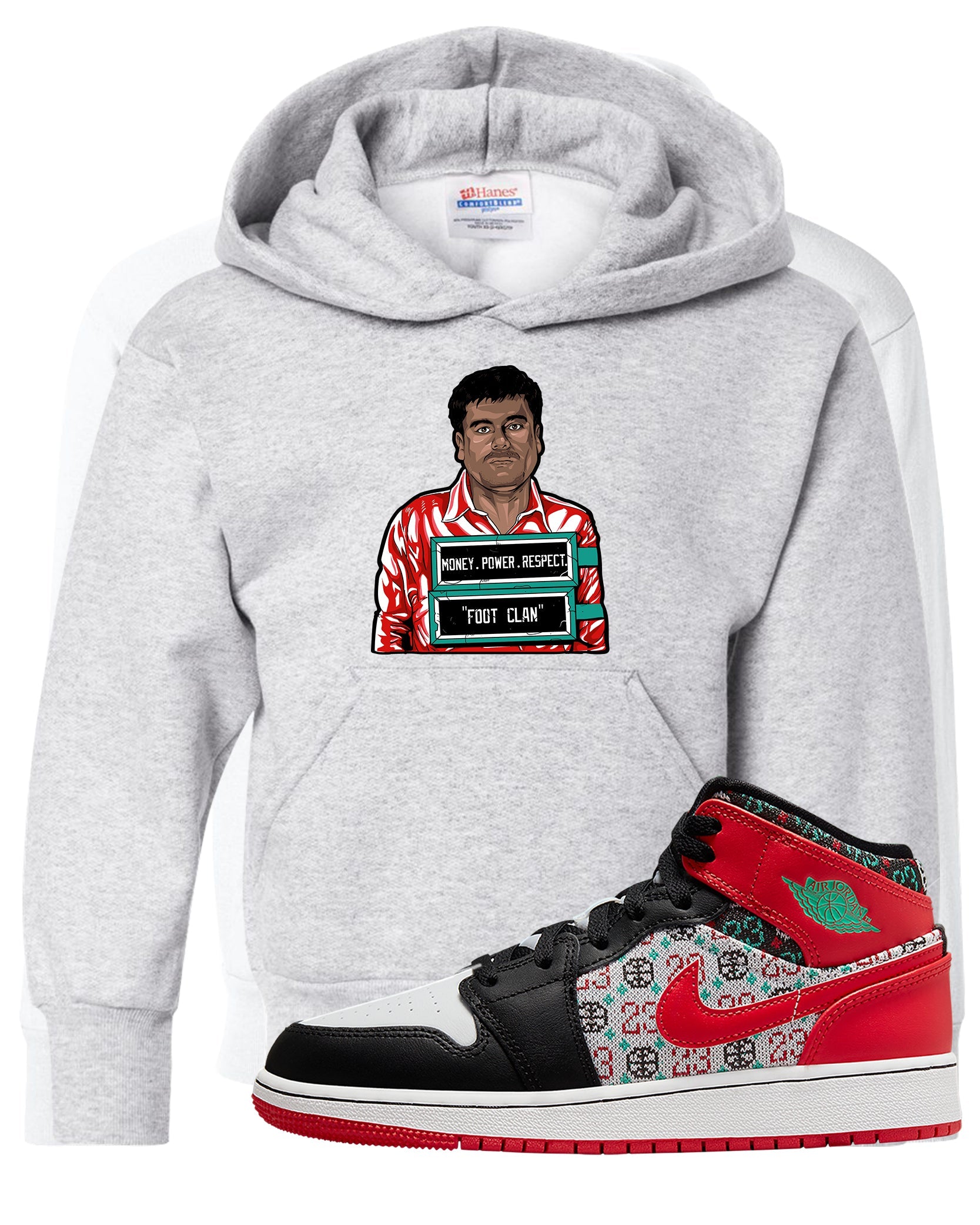 Ugly Sweater GS Mid 1s Kid's Hoodie | El Chapo Illustration, Ash