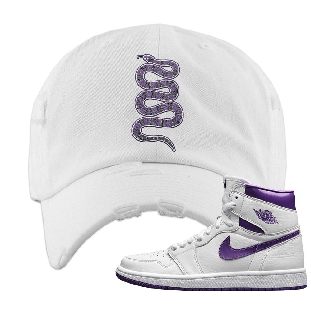 Air Jordan 1 Metallic Purple Distressed Dad Hat | Coiled Snake, White