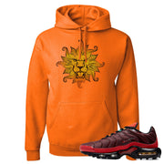 Printed on the front of the air max plus sunburst sneaker matching safety orange pullover hoodie is the vintage lion head logo