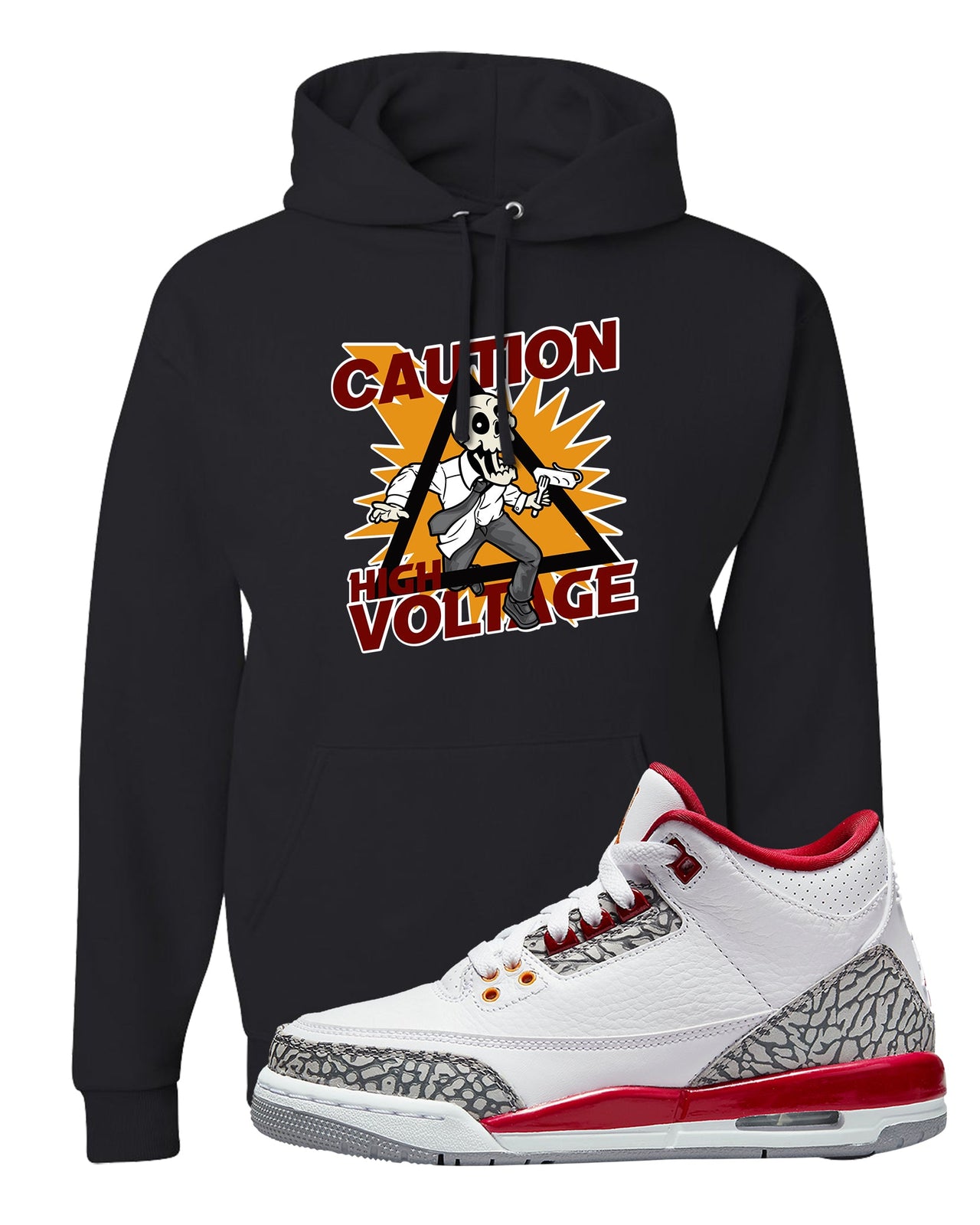 Cardinal Red 3s Hoodie | Caution High Voltage, Black