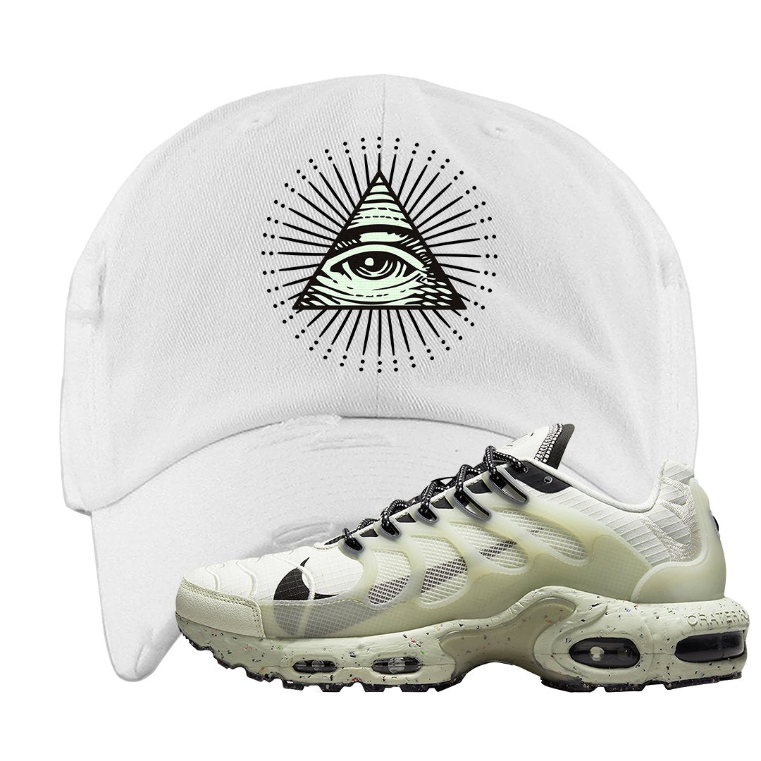 Terrascape Light Bone Pluses Distressed Dad Hat | All Seeing Eye, White