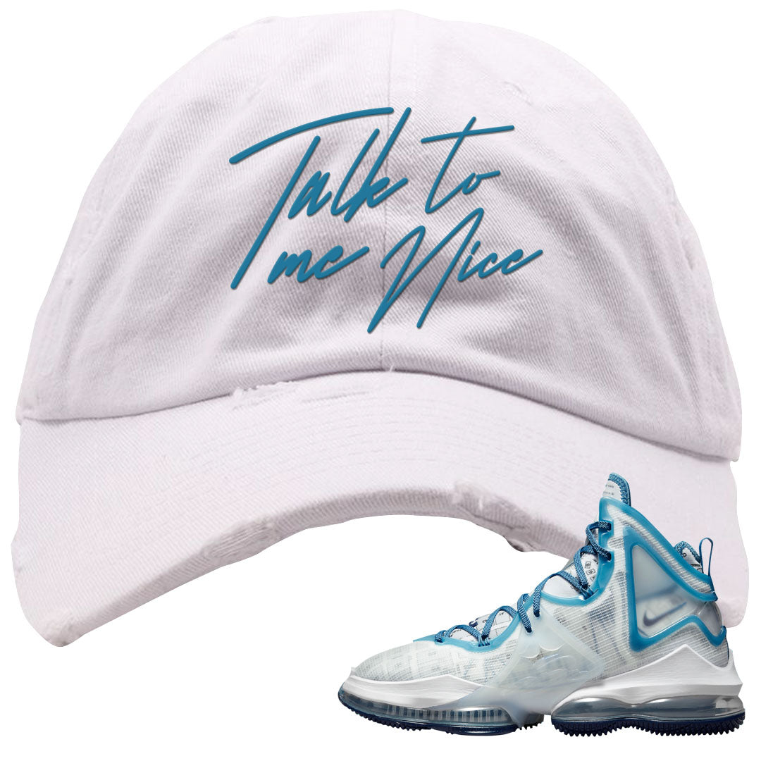White Blue Space Bron 19s Distressed Dad Hat | Talk To Me Nice, White