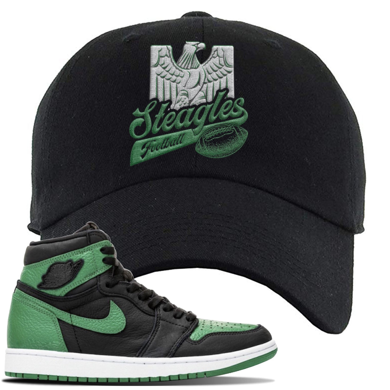 Jordan 1 Retro High OG Pine Green Gym Sneaker Black Dad Hat | Hat to match Air Jordan 1 Retro High OG Pine Green Gym Shoes | Steagles