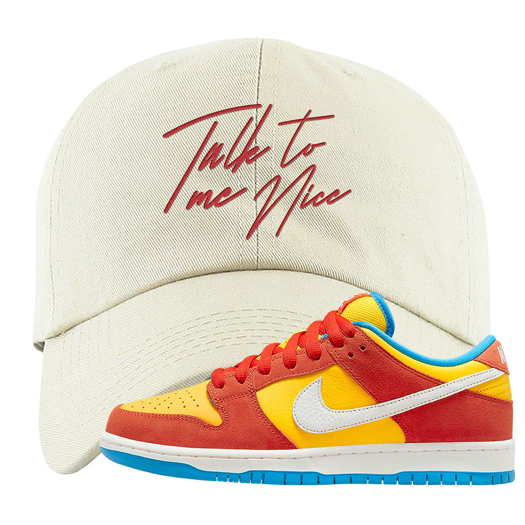 Habanero Red Gold Blue Low Dunks Dad Hat | Talk To Me Nice, White
