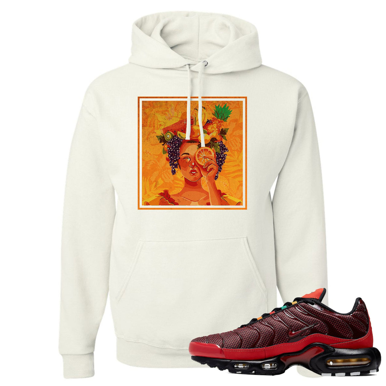 printed on the front of the air max plus sunburst sneaker matching white pullover hoodie is the lady fruit log
