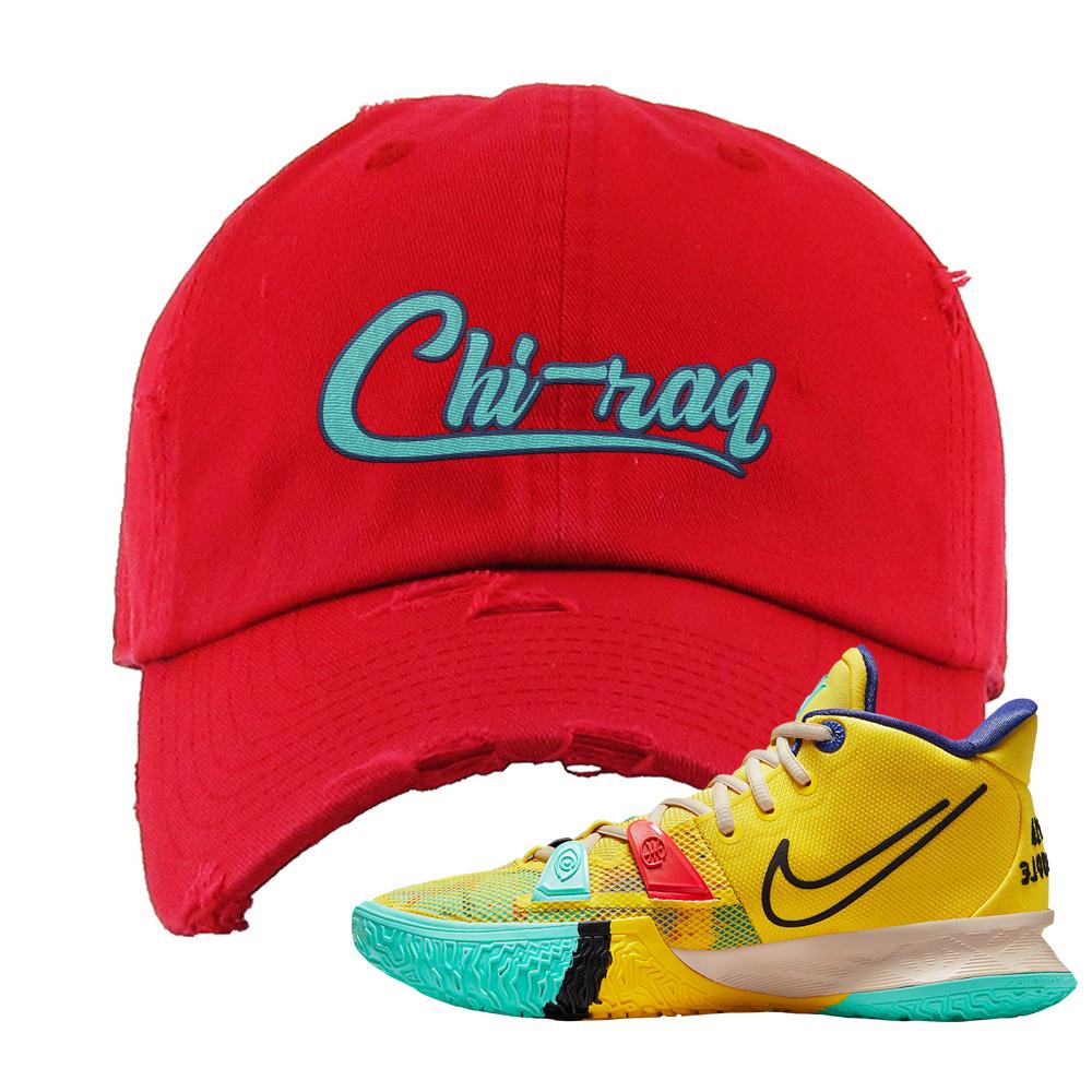 1 World 1 People Yellow 7s Distressed Dad Hat | Chiraq, Red