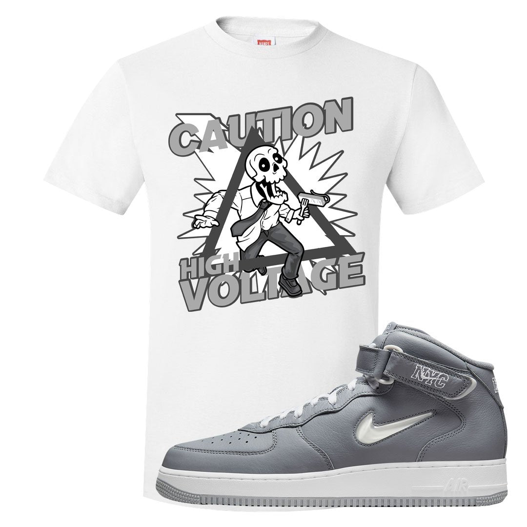Cool Grey NYC Mid AF1s T Shirt | Caution High Voltage, White
