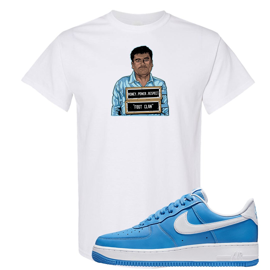 University Blue Low AF1s T Shirt | El Chapo Illustration, White
