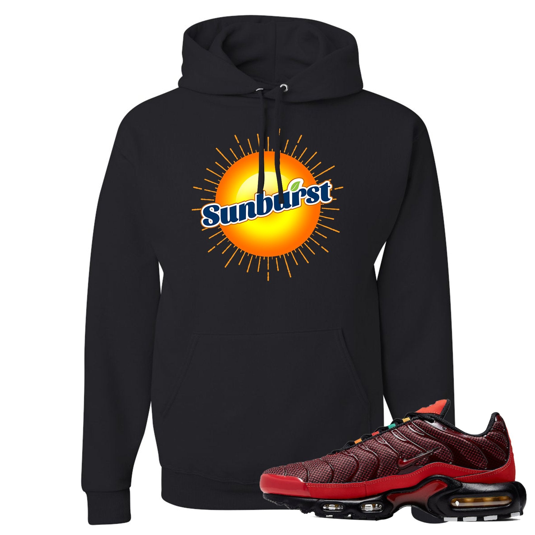 Printed on the front of the Air Max Plus sunburst sneaker matching black pullover hoodie is the sunburst soda logo