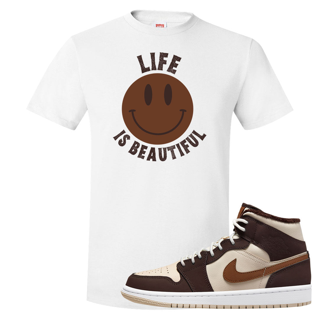 Brown Fleece Mid 1s T Shirt | Smile Life Is Beautiful, White