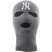 Embroidered on the front of the light gray New Jersey ski mask is the NJ logo in white