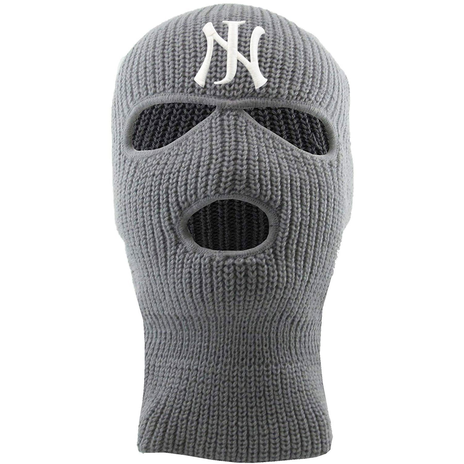 Embroidered on the front of the light gray New Jersey ski mask is the NJ logo in white